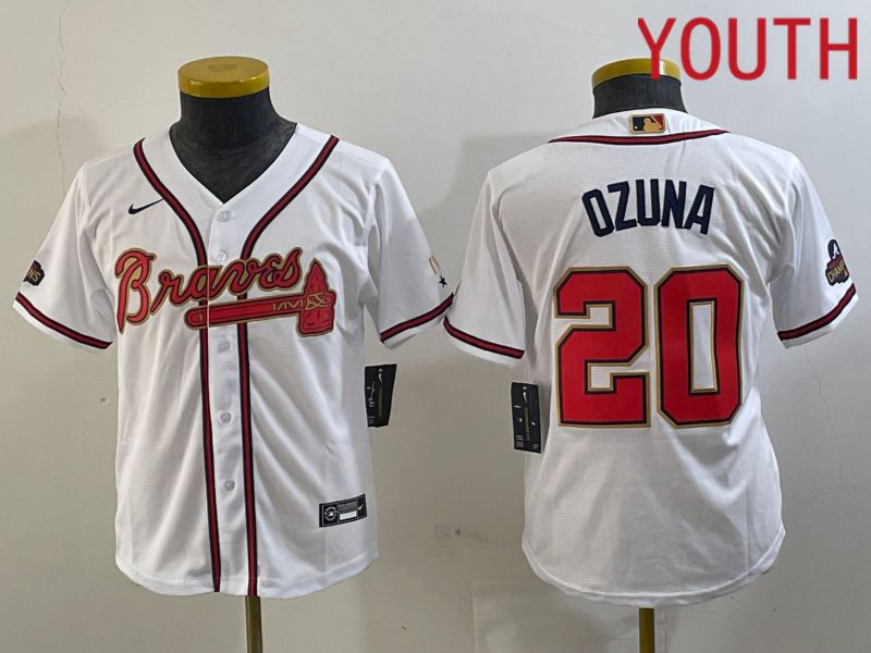 Youth Atlanta Braves #20 Ozuna White gold Champion 2024 Nike MLB Jersey style 1